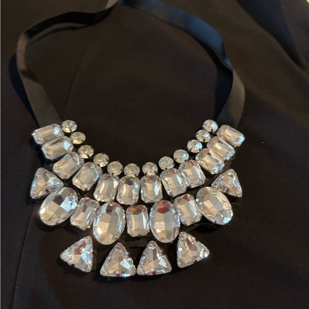 Glamorous Crystal Necklace with Black Ribbon